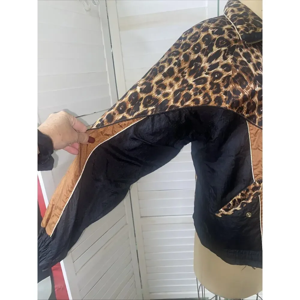 80s Wind Breaker Black and Brown Cheetah Pattern Metallic Gold Trim Small/Medium - Picture 3 of 9